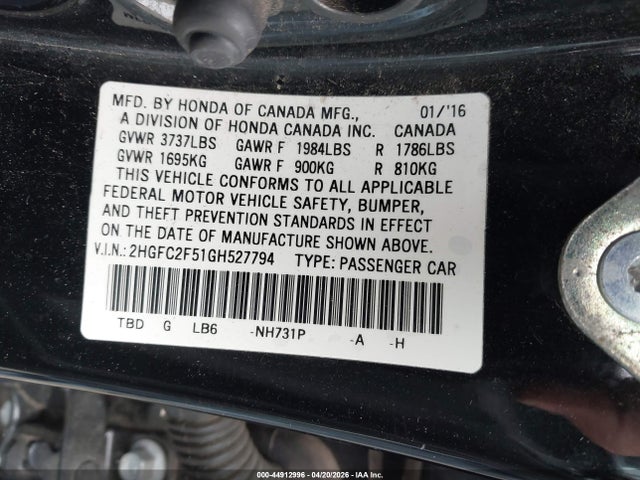 Auction sale of the 2016 Honda Civic Lx, vin: 2HGFC2F51GH527794, lot number: 44912996