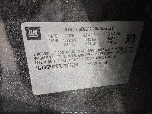 2016 Chevrolet Cruze Premier Auto მანქანა იყიდება აუქციონზე, vin: 1G1BG5SM7G7289258, აუქციონის ნომერი: 44913002