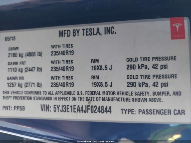 Aukcja sprzedaży 2018 Tesla Model 3 Long Range/mid Range, vin: 5YJ3E1EA4JF024844, numer aukcji: 44913004