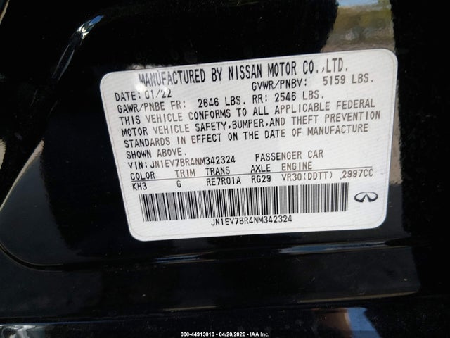 2022 Infiniti Q50 Luxe Awd მანქანა იყიდება აუქციონზე, vin: JN1EV7BR4NM342324, აუქციონის ნომერი: 44913010