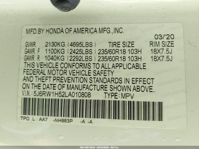 5J6RW1H52LA010808 Honda Cr-v 2wd Ex