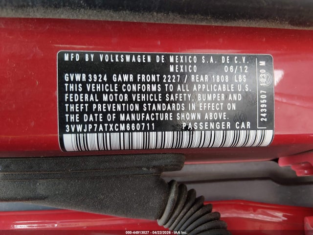 44913027 :رقم المزاد ، 3VWJP7ATXCM660711 vin ، 2012 Volkswagen Beetle 2.5l مزاد بيع