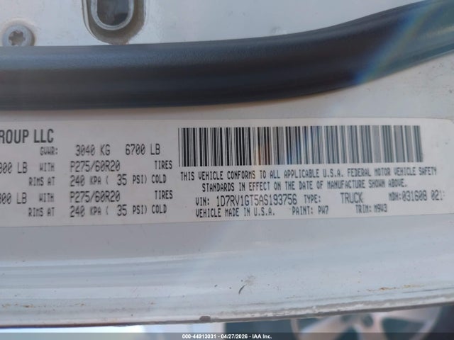 44913031 :رقم المزاد ، 1D7RV1GT5AS193756 vin ، 2010 Dodge Ram 1500 Slt/sport/trx مزاد بيع