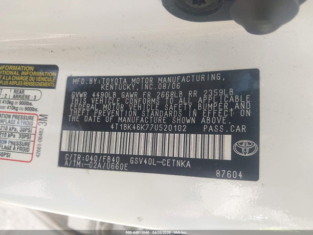 44913046 :رقم المزاد ، 4T1BK46K77U520102 vin ، 2007 Toyota Camry Le V6 مزاد بيع