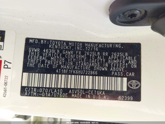 Toyota CAMRY XLE 2017 4T1BF1FK6HU722966 Image 9
