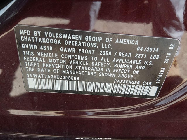 2014 Volkswagen Passat 1.8t S მანქანა იყიდება აუქციონზე, vin: 1VWAT7A30EC098589, აუქციონის ნომერი: 44913077