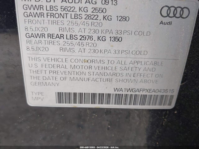 44913085 :رقم المزاد ، WA1WGAFPXEA043515 vin ، 2014 Audi Q5 3.0t Premium Plus مزاد بيع
