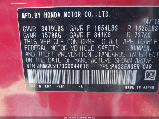 2016 Honda Fit Ex მანქანა იყიდება აუქციონზე, vin: JHMGK5H73GX044615, აუქციონის ნომერი: 44913115