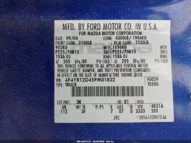 Aukcja sprzedaży 2005 Mazda B2300, vin: 4F4YR12D45PM01832, numer aukcji: 44913121