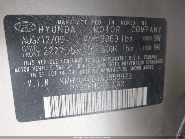 Продажа на аукционе авто 2010 Hyundai Elantra Gls, vin: KMHDU4AD1AU858923, номер лота: 44913180