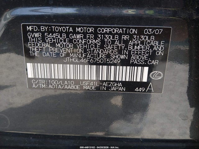 44913182 :رقم المزاد ، JTHGL46F675015249 vin ، 2007 Lexus Ls 460 L مزاد بيع
