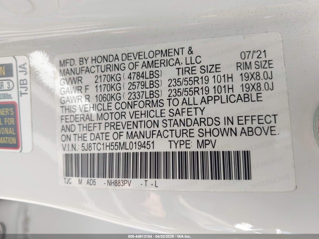 Продажа на аукционе авто 2021 Acura Rdx Technology Package, vin: 5J8TC1H55ML019451, номер лота: 44913184
