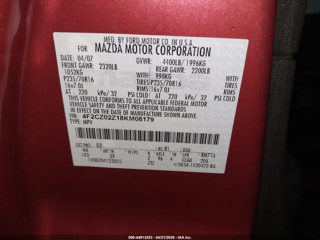 Продажа на аукционе авто 2008 Mazda Tribute I Sport, vin: 4F2CZ02Z18KM08179, номер лота: 44913203