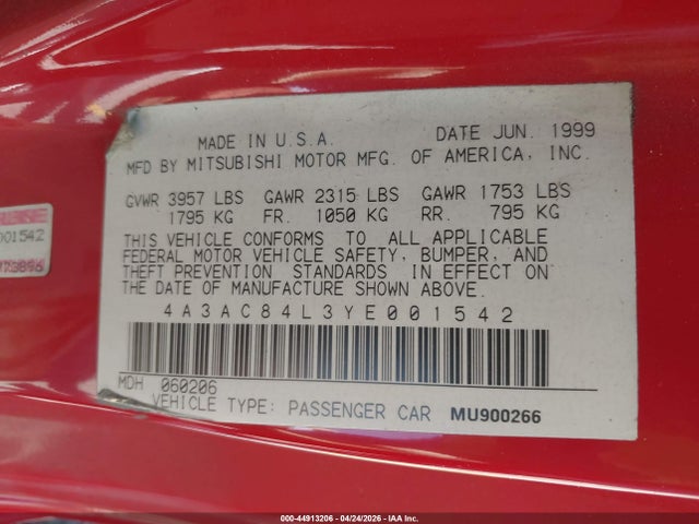 Продаж на аукціоні авто 2000 Mitsubishi Eclipse Gt, vin: 4A3AC84L3YE001542, номер лоту: 44913206