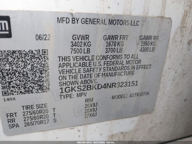 44913210 :رقم المزاد ، 1GKS2BKD4NR323151 vin ، 2022 Gmc Yukon 4wd Slt مزاد بيع
