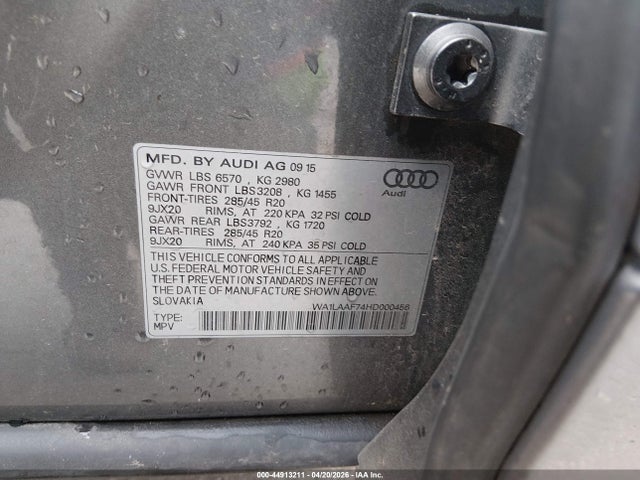 Продажа на аукционе авто 2017 Audi Q7 3.0t Premium, vin: WA1LAAF74HD000456, номер лота: 44913211