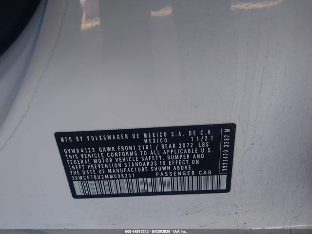44913213 :رقم المزاد ، 3VWC57BU2MM098231 vin ، 2021 Volkswagen Jetta 1.4t R-line/1.4t S/1.4t Se مزاد بيع