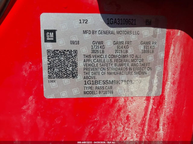 Aukcja sprzedaży 2019 Chevrolet Cruze Lt, vin: 1G1BE5SM9K7108207, numer aukcji: 44913222