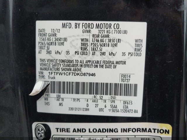 Aukcja sprzedaży 2013 Ford F-150 Xlt, vin: 1FTFW1CF7DKD87946, numer aukcji: 44913232