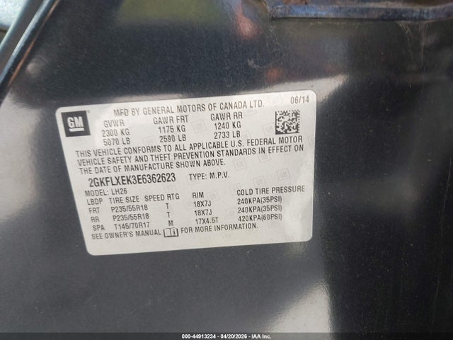 Aukcja sprzedaży 2014 Gmc Terrain Slt-1, vin: 2GKFLXEK3E6362623, numer aukcji: 44913234