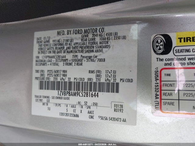 Aukcja sprzedaży 2012 Ford Mustang V6, vin: 1ZVBP8AM9C5281644, numer aukcji: 44913271