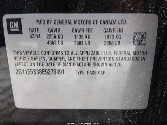 Aukcja sprzedaży 2014 Chevrolet Impala 2lz, vin: 2G1155S38E9276491, numer aukcji: 44913275
