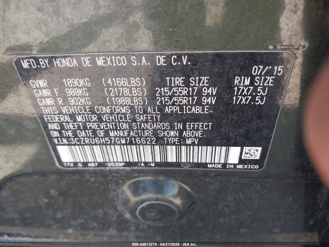 44913278 :رقم المزاد ، 3CZRU6H57GM716622 vin ، 2016 Honda Hr-v Ex مزاد بيع