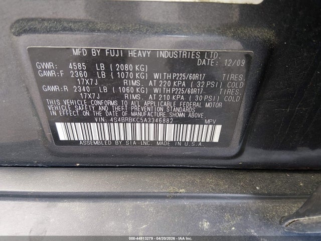 Продажа на аукционе авто 2010 Subaru Outback 2.5i Limited, vin: 4S4BRBKC5A3346882, номер лота: 44913279