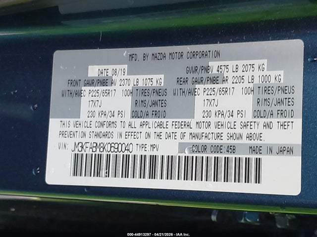 Продаж на аукціоні авто 2019 Mazda Cx-5 Sport, vin: JM3KFABM8K0690040, номер лоту: 44913297