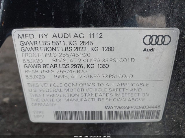 44913298 :رقم المزاد ، WA1WGAFP7DA034446 vin ، 2013 Audi Q5 3.0t Premium Plus مزاد بيع