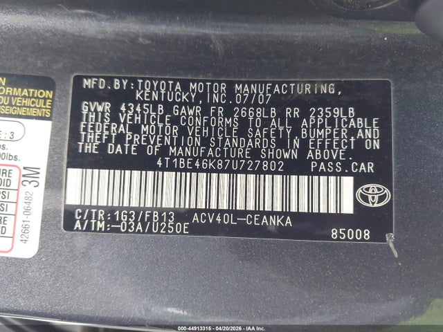 Продаж на аукціоні авто 2007 Toyota Camry Le, vin: 4T1BE46K87U727802, номер лоту: 44913315