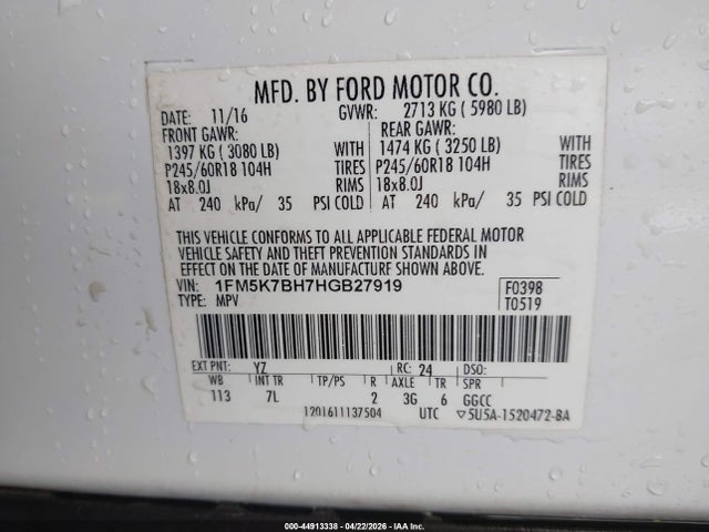Aukcja sprzedaży 2017 Ford Explorer, vin: 1FM5K7BH7HGB27919, numer aukcji: 44913338