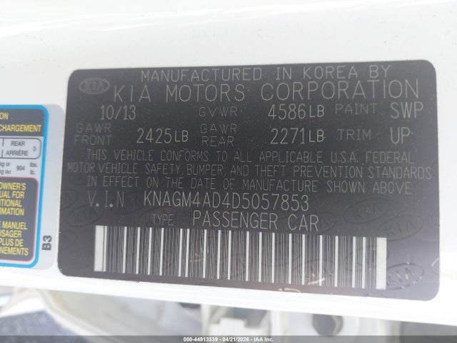Aukcja sprzedaży 2013 Kia Optima Hybrid Lx, vin: KNAGM4AD4D5057853, numer aukcji: 44913339