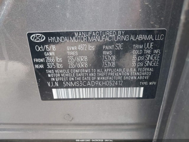 Aukcja sprzedaży 2019 Hyundai Santa Fe Sel Plus, vin: 5NMS3CAD9KH052412, numer aukcji: 44913363