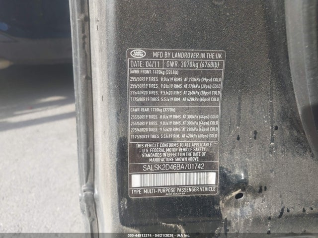 Aukcja sprzedaży 2011 Land Rover Range Rover Sport Hse, vin: SALSK2D46BA701742, numer aukcji: 44913374