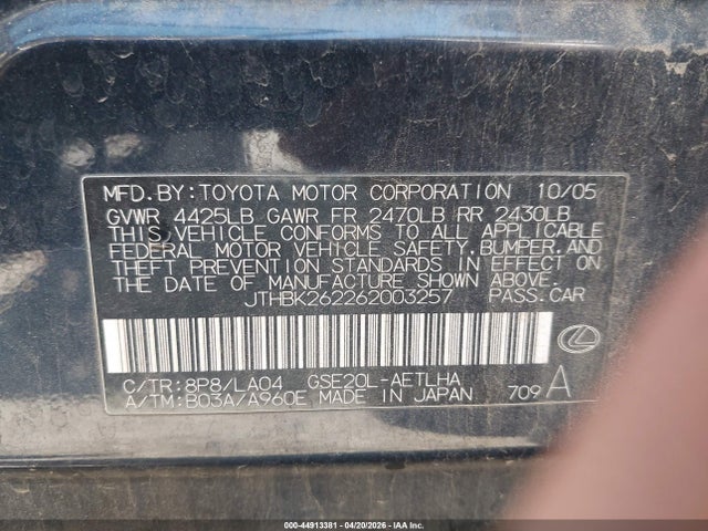 44913381 :رقم المزاد ، JTHBK262262003257 vin ، 2006 Lexus Is 250 مزاد بيع