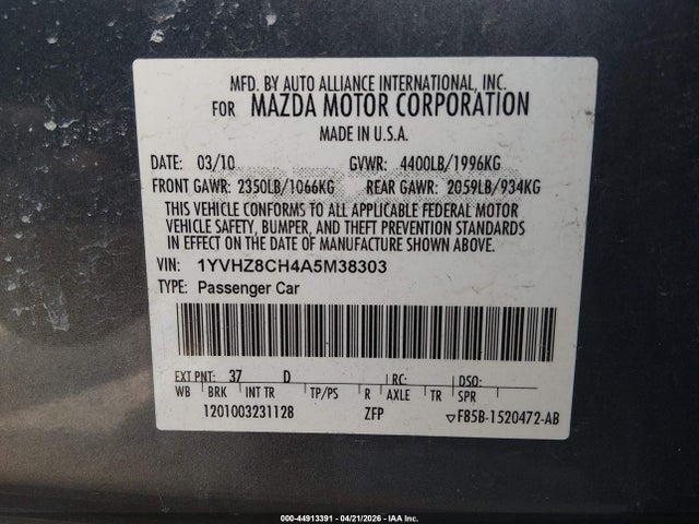 44913391 :رقم المزاد ، 1YVHZ8CH4A5M38303 vin ، 2010 Mazda Mazda6 I Grand Touring مزاد بيع
