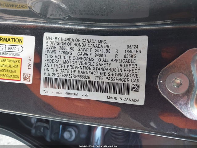 Honda Civic Sport 2024 2HGFE2F52RH586026 Image 9