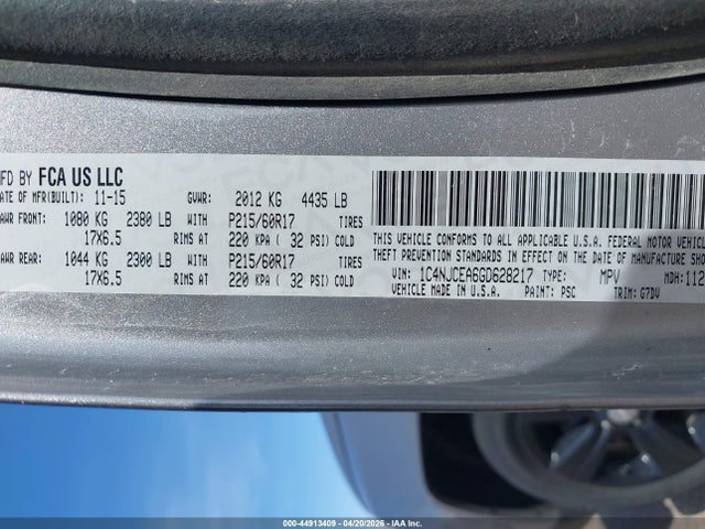 44913409 :رقم المزاد ، 1C4NJCEA6GD628217 vin ، 2016 Jeep Compass Latitude مزاد بيع