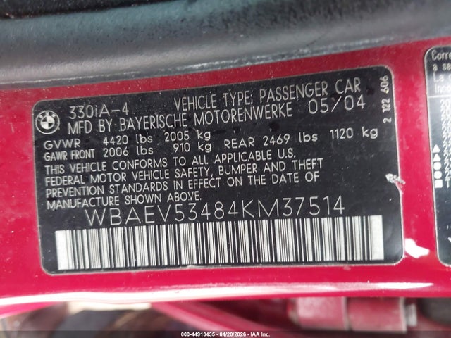 44913435 :رقم المزاد ، WBAEV53484KM37514 vin ، 2004 Bmw 330i مزاد بيع
