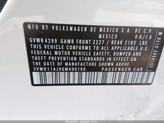 2016 Volkswagen Jetta 1.8t Sport მანქანა იყიდება აუქციონზე, vin: 3VWD17AJ9GM400190, აუქციონის ნომერი: 44913441