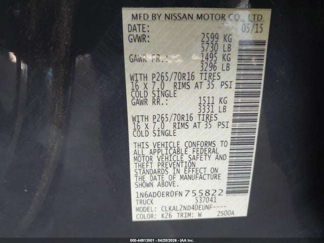 1N6AD0ER0FN755822 Nissan Frontier Sv