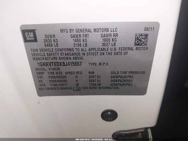 Aukcja sprzedaży 2011 Gmc Acadia Denali, vin: 1GKKVTEDXBJ415657, numer aukcji: 44913510