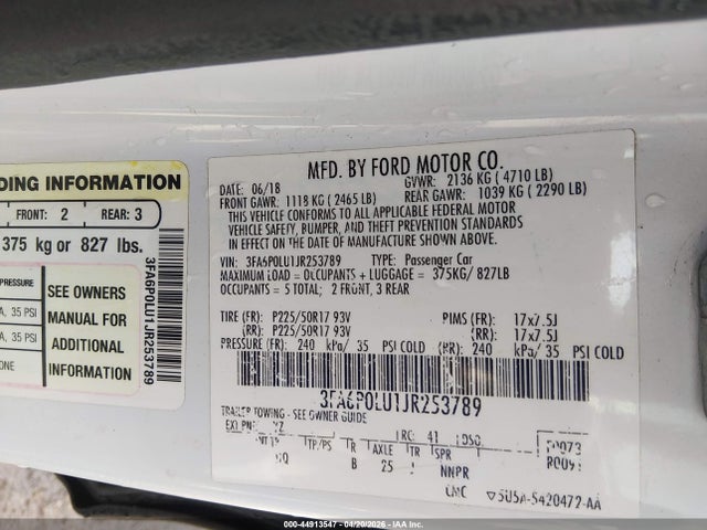 Aukcja sprzedaży 2018 Ford Fusion Hybrid Se, vin: 3FA6P0LU1JR253789, numer aukcji: 44913547