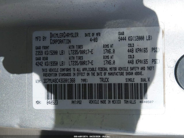 44913574 :رقم المزاد ، 3D7MU48C43G801368 vin ، 2003 Dodge Ram 3500 Slt/laramie/st مزاد بيع