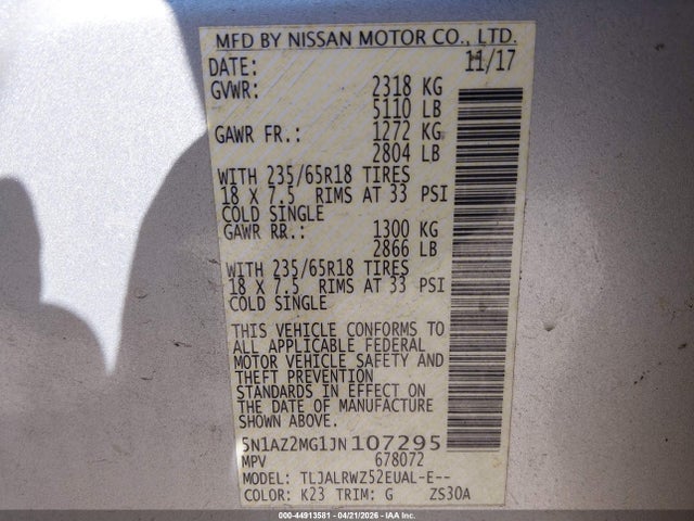 Aukcja sprzedaży 2018 Nissan Murano Sl, vin: 5N1AZ2MG1JN107295, numer aukcji: 44913581