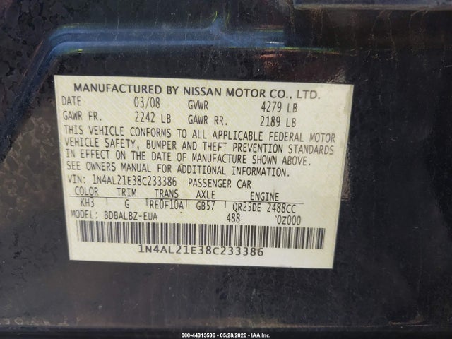 Aukcja sprzedaży 2008 Nissan Altima 2.5 S, vin: 1N4AL21E38C233386, numer aukcji: 44913596