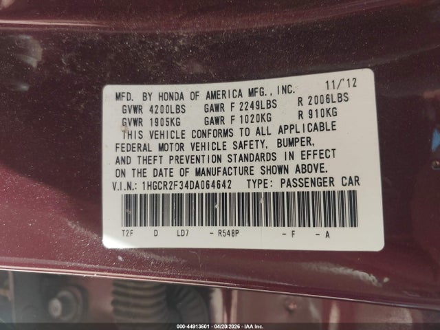 Aukcja sprzedaży 2013 Honda Accord Lx, vin: 1HGCR2F34DA064642, numer aukcji: 44913601