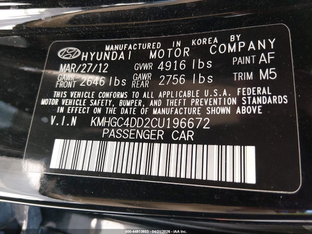 Auction sale of the 2012 Hyundai Genesis 3.8, vin: KMHGC4DD2CU196672, lot number: 44913603