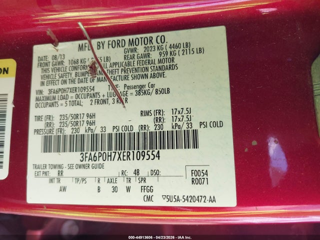 Aukcja sprzedaży 2014 Ford Fusion Se, vin: 3FA6P0H7XER109554, numer aukcji: 44913606